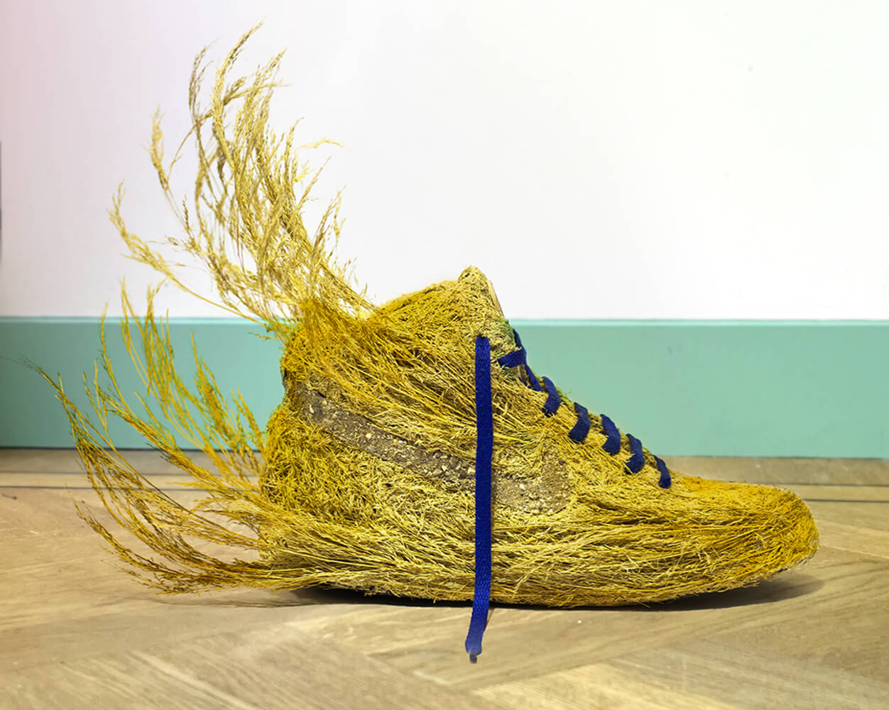 Nature Dream: sneaker sculpture overgrown with golden grass, by Hoyte van Hoytema, Frederik Bond and Mr Plant