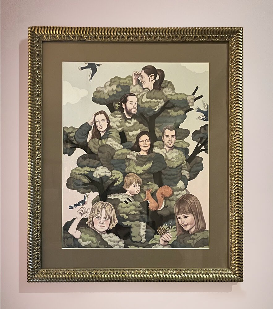 My Family Tree, illustration by Jeanne Detaillante: family portraits in a tree, in an ornate gold frame