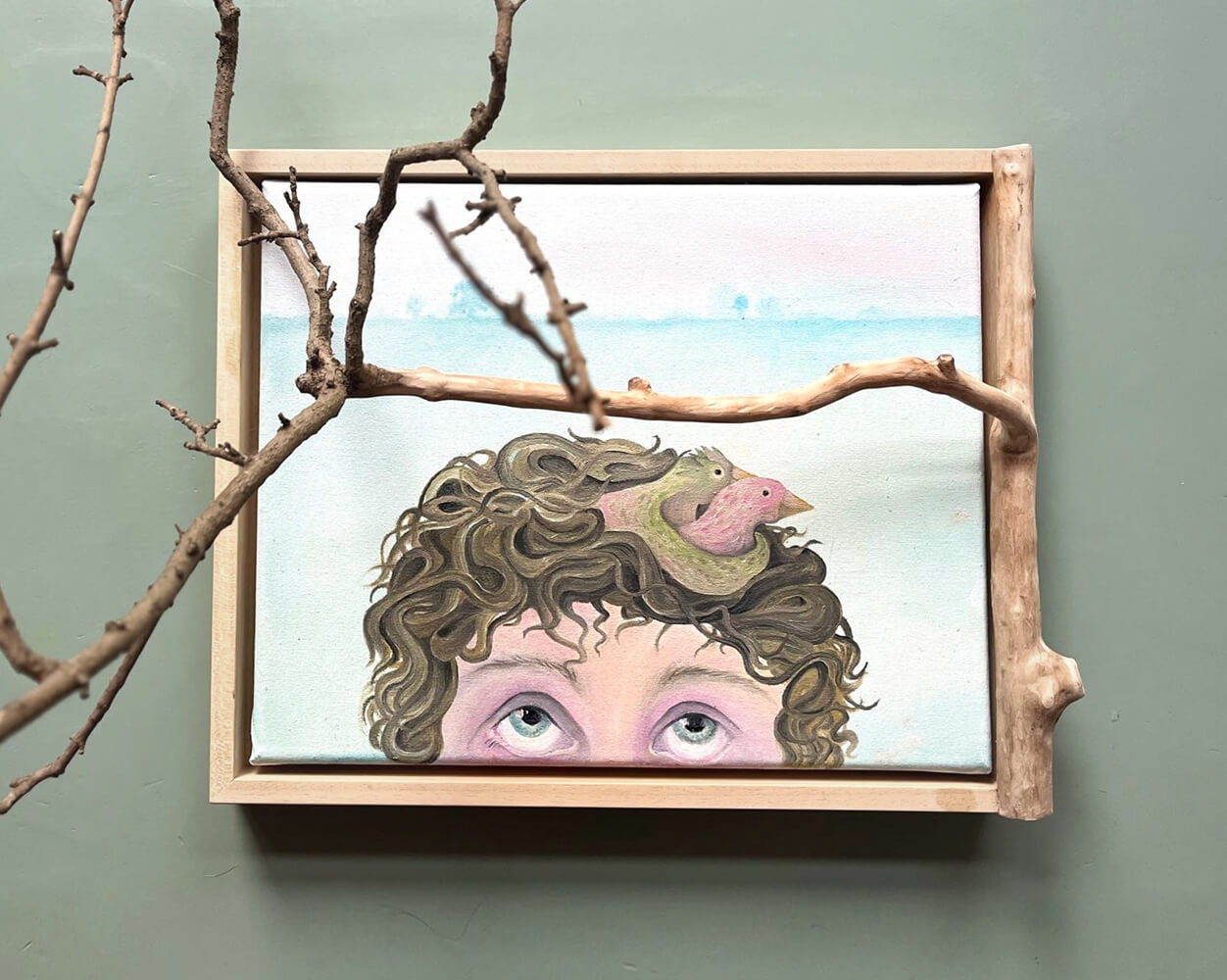 Jessica's Gardens: painting of a child peeking over the edge, in a branch frame by Maarten Mortier