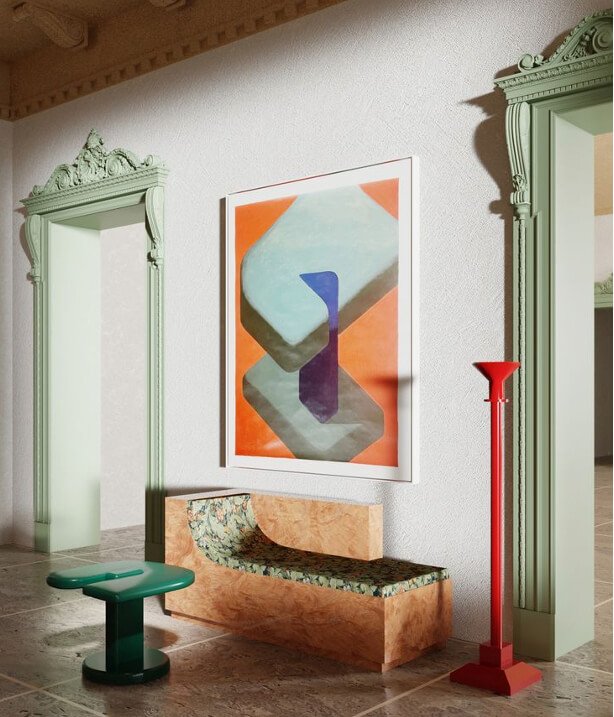 Interior by Supaform with a colourful abstract artwork, marble daybed and red side table