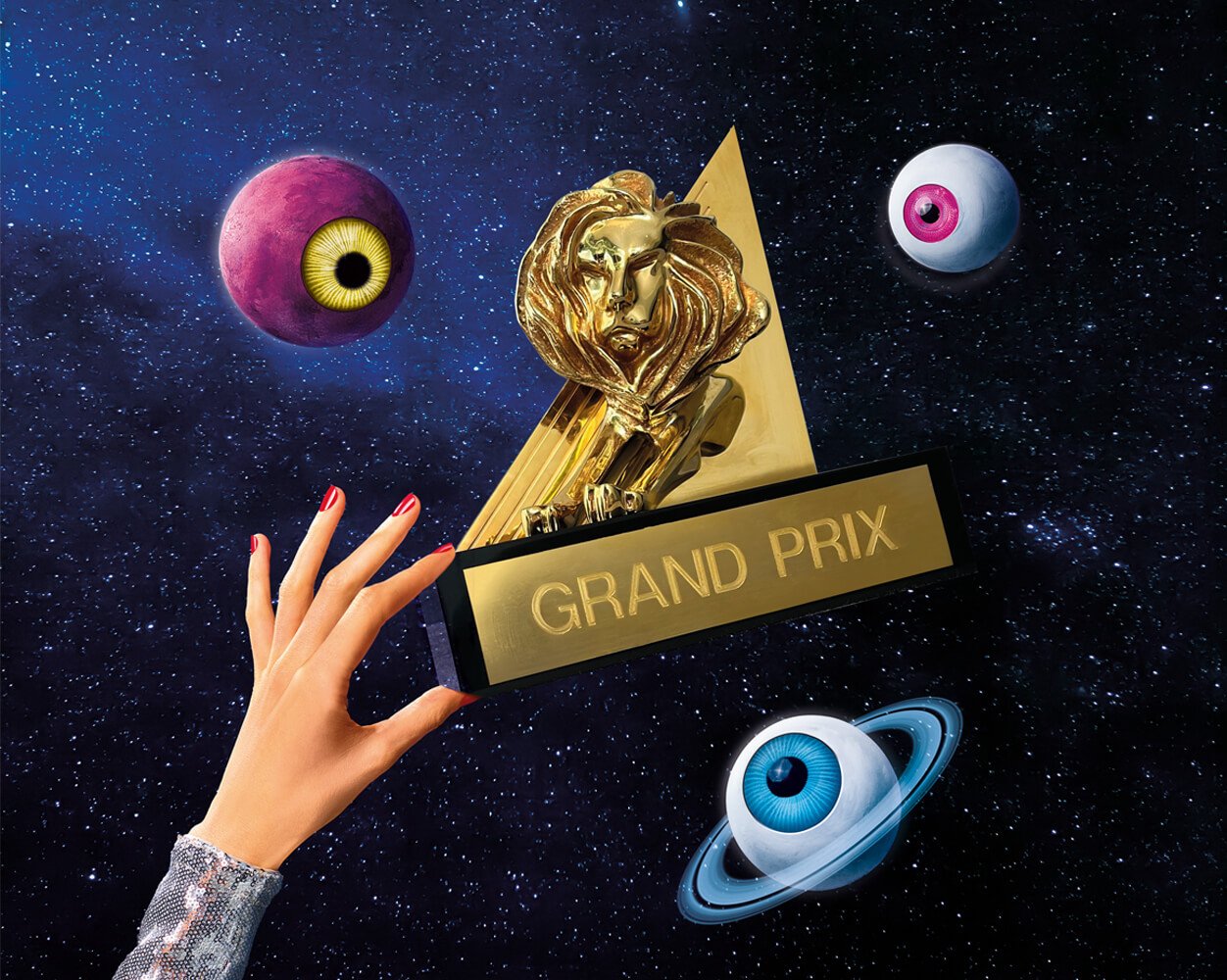 Better Than New for Philips by Toiletpaper Magazine: hand reaching for a Grand Prix trophy in space
