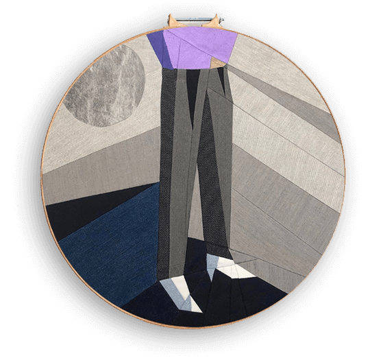 Round textile artwork by Wendy Lek of a figure in patchwork trousers