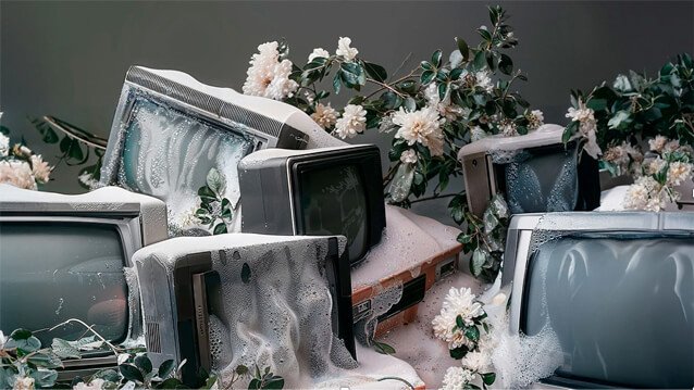 Installation by Serialcut: old television sets covered in white flowers