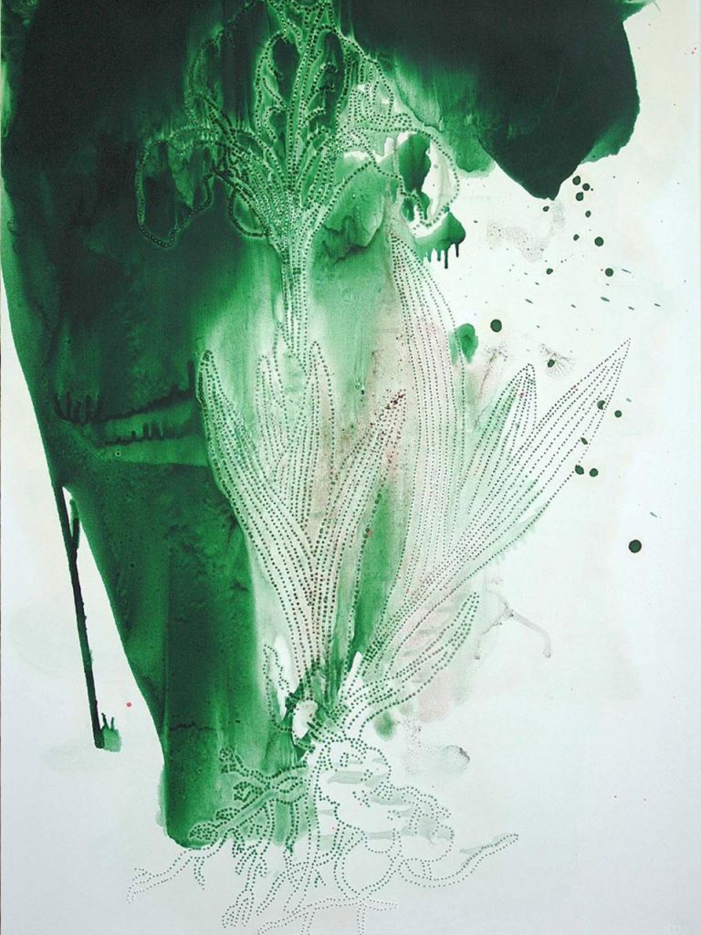 Green ink drawing of a botanical form