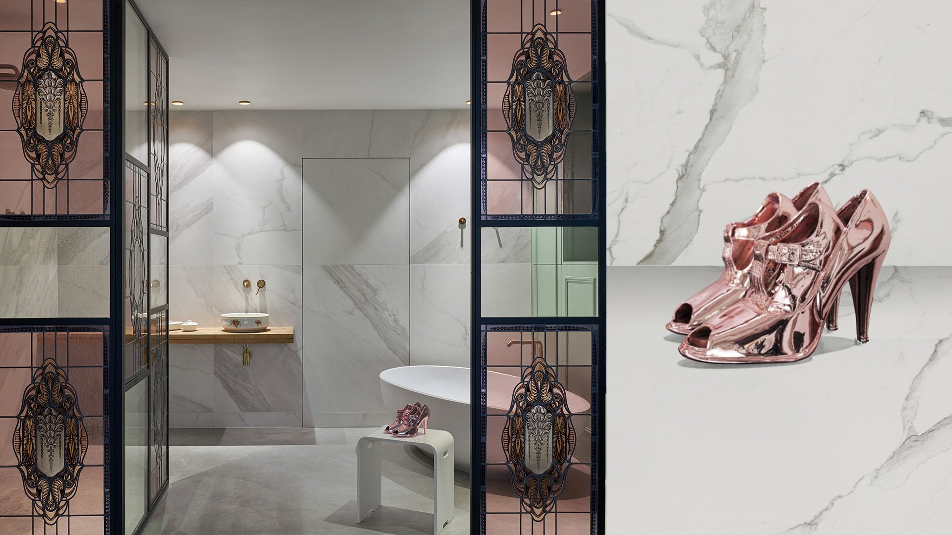 Marble bathroom with stained glass panels and pink metallic heels
