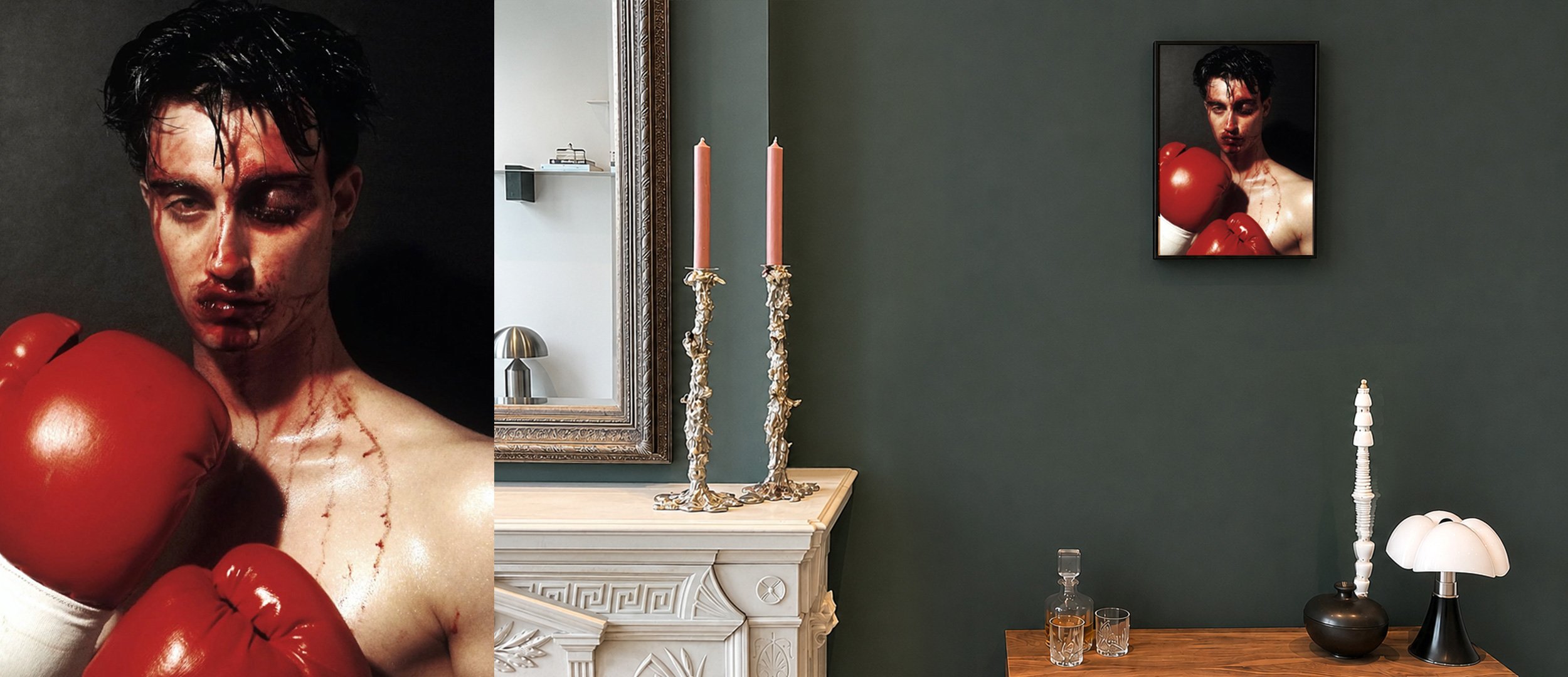 Boxer portraits by Christopher Smith in a dark green room with candles