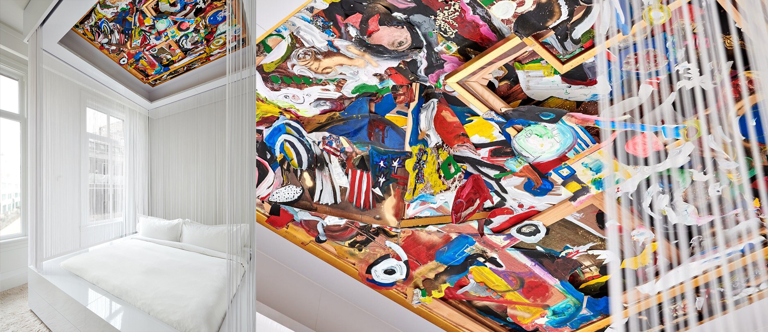 Colourful collage artwork on the ceiling and wall of a white bedroom